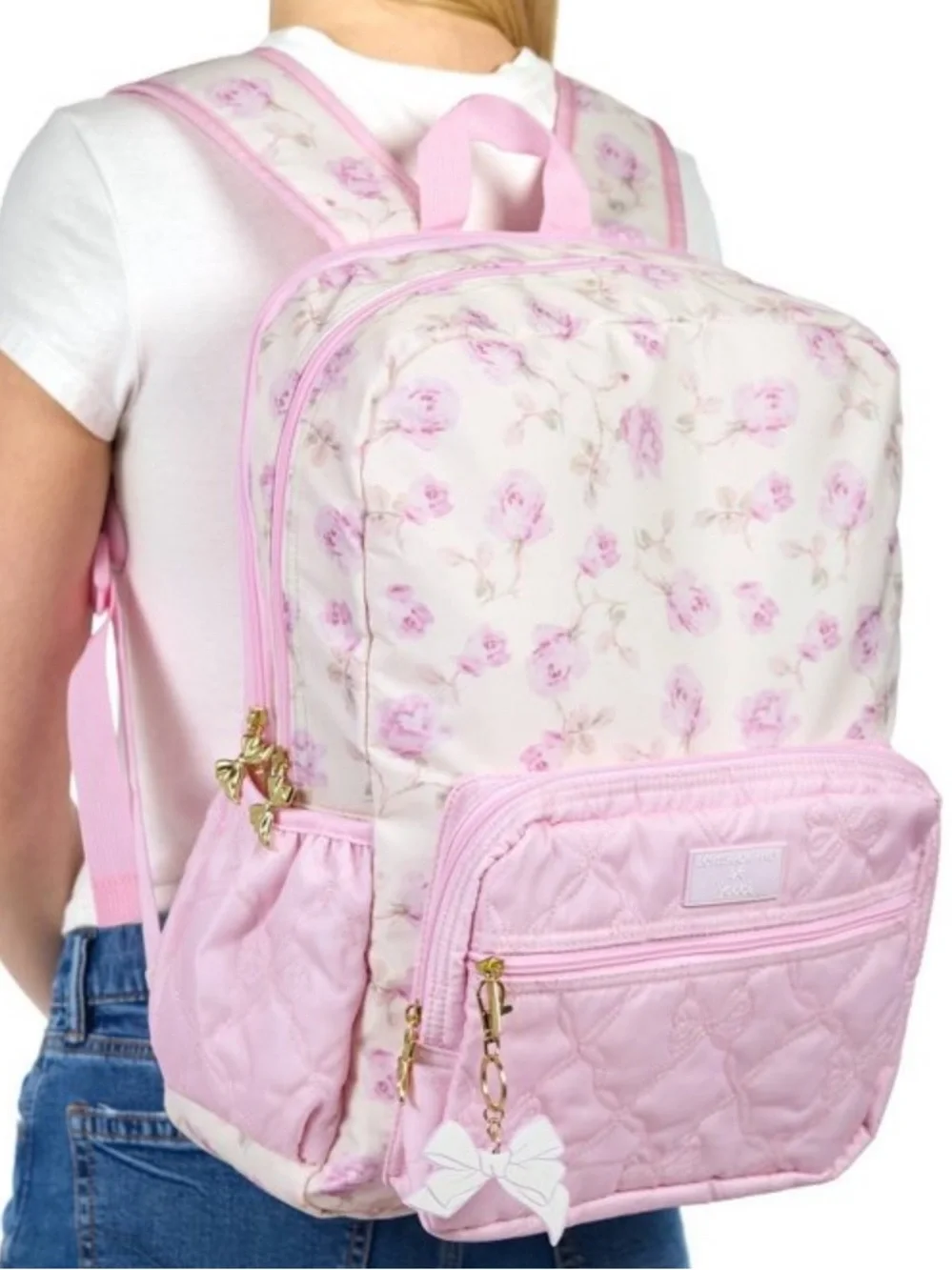 LoveShackFancy Pastel Pink Quilted Backpack with Floral Stationery Set